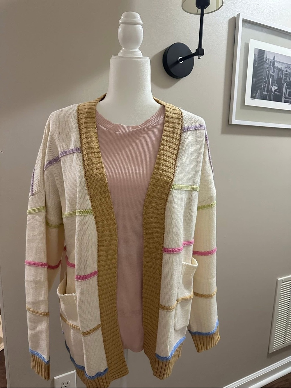 Cream Open-Front Cardigan with Mustard Trim and Pastel Stripe Detail